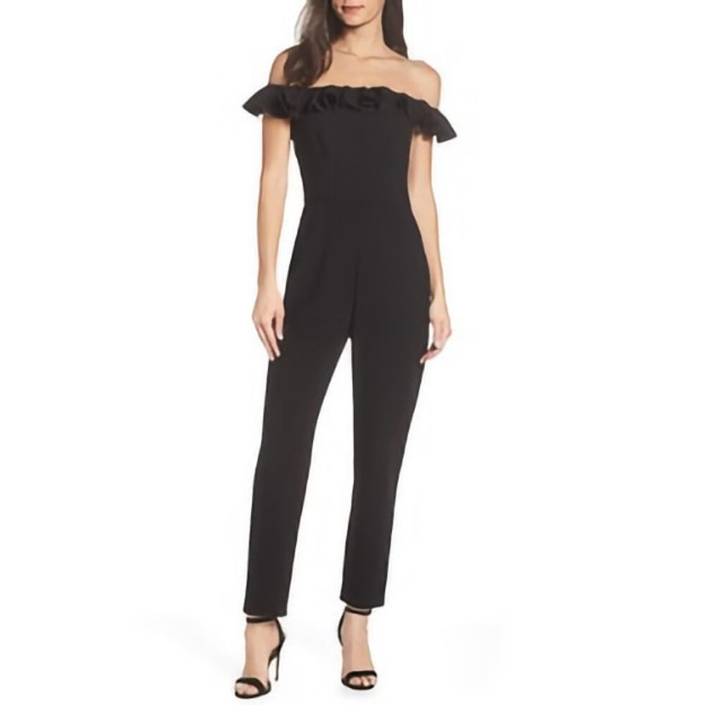 French Connection Jumpsuit Size 2 Black Off Shoulder Ruffle Fitted Skinny Leg